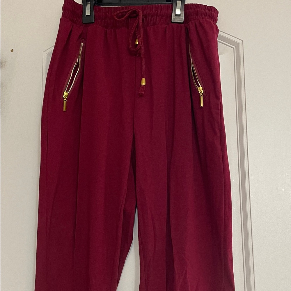 Women Burgundy Pants with Gold Zipper Accents